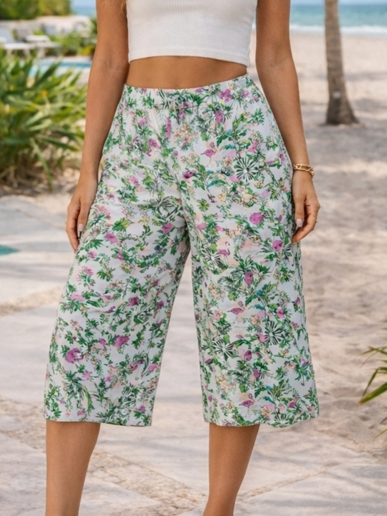Stella Parker Pants - Stella Parker Tropical Flamingo Floral Wide-Leg Flowy Crop Pants Small Resort